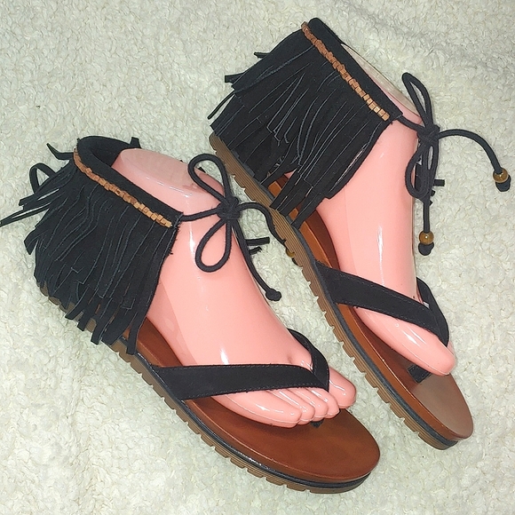 MIA Native Black Fringe Beaded Suede Leather Sandals - Picture 5 of 9